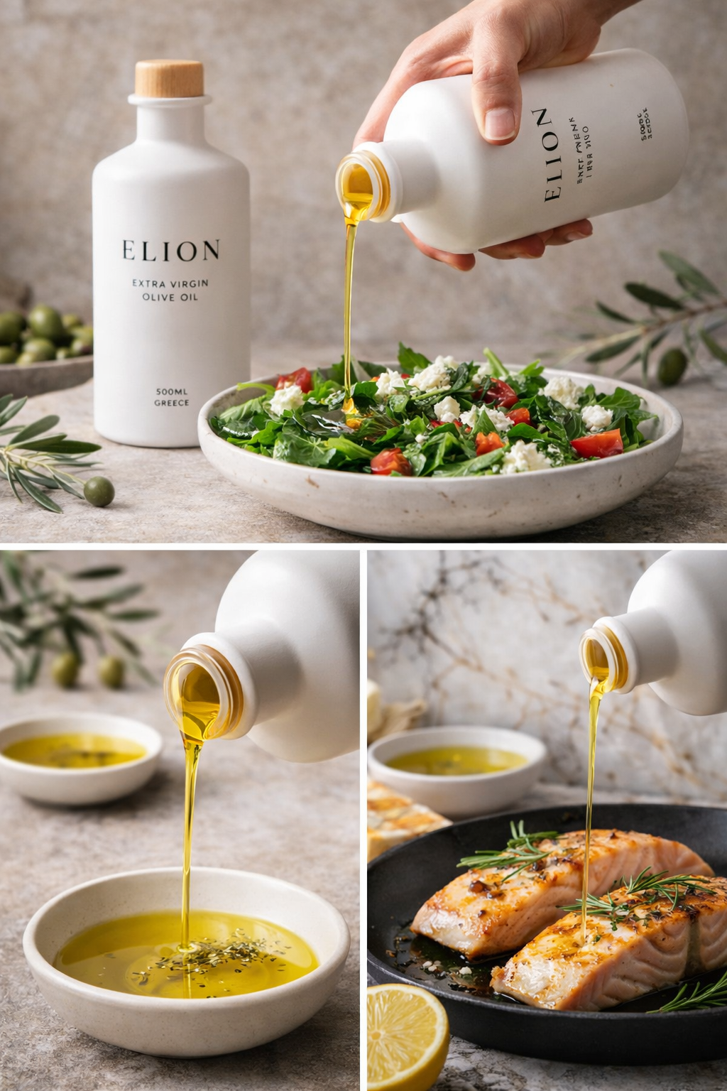 ELION poured on salad and salmon